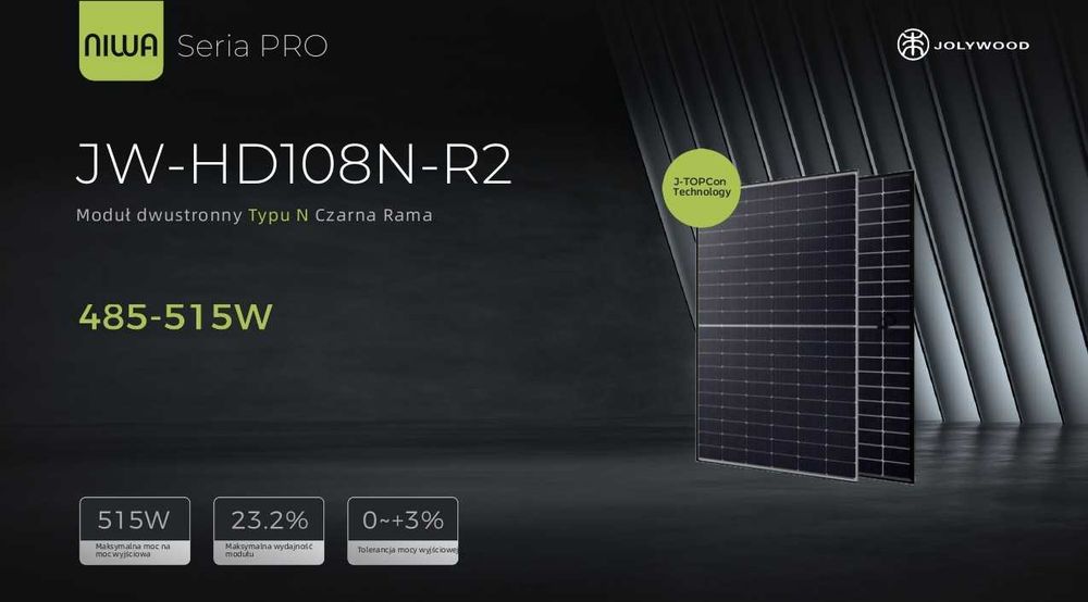 Panele Fotowoltaiczne JolyWood 500W JW-HD108N-R2 N-type Bifacial Dual-Glass Czarna Rama