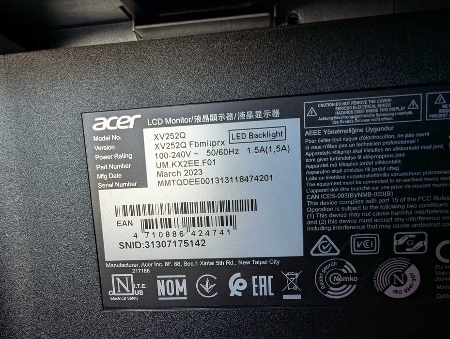 Monitor Acer Nitro XV252Q 1080p 360hz/oc390hz