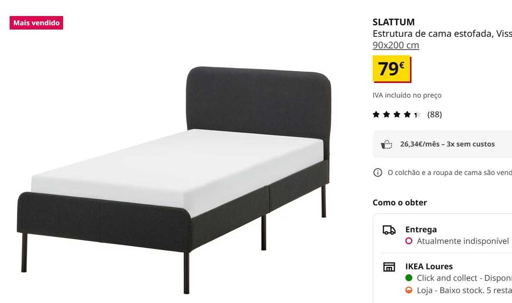 IKEA SLATTUM Estrutura de cama estofada, cinzento, 90x200 cm