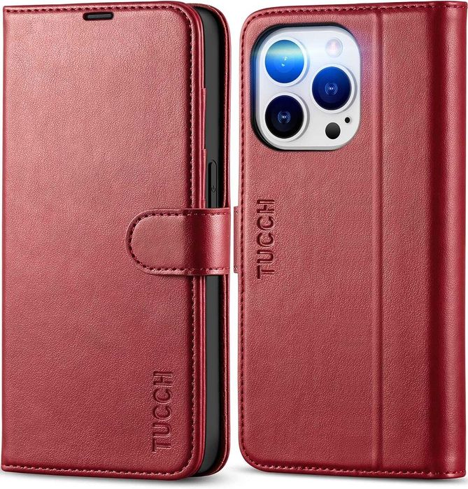 TUCCH iPhone 14 Pro etui skórzane magnetyczne Portfel RFID  czerowne