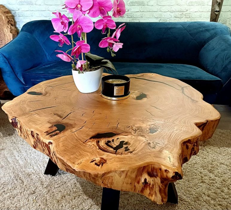 Stolik kawowy 88x87cm PIĘKNY OKAZ LIVE EDGE plaster drewna