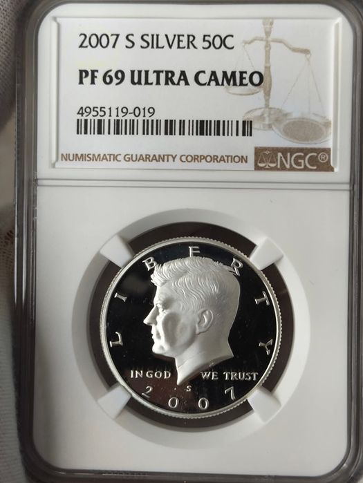 50 центів 2007р. СРІБЛО. ПРУФ. Високий грейд PF69 . Кеннеді.