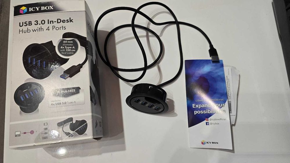 IcyBox Koncentrator biurkowy Hub 4xUSB 3.0 do biurka kabel 120 cm