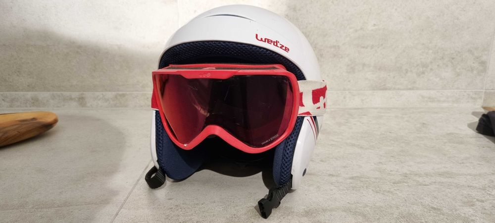 Kask narciarski Wed’ze H 400 Jr 53–56 cm + gogle – biały, zestaw