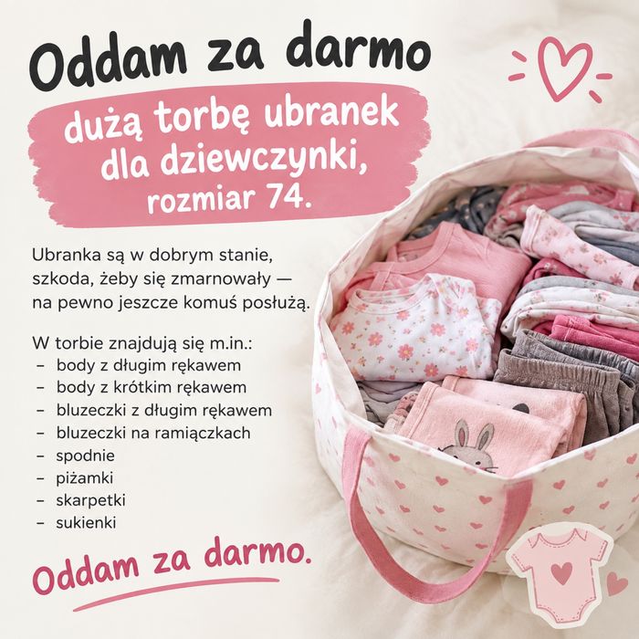 Oddam za darmo dużą torbę ubranek dla dziewczynki, rozmiar 74.