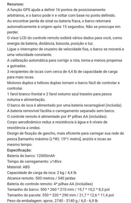 Barco com GPS para transporte de engodo/anzol alcance até 500m