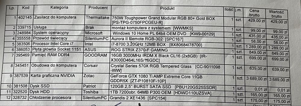Komputer stacjonarny gtx 1080ti i7 8700 16gb RAM