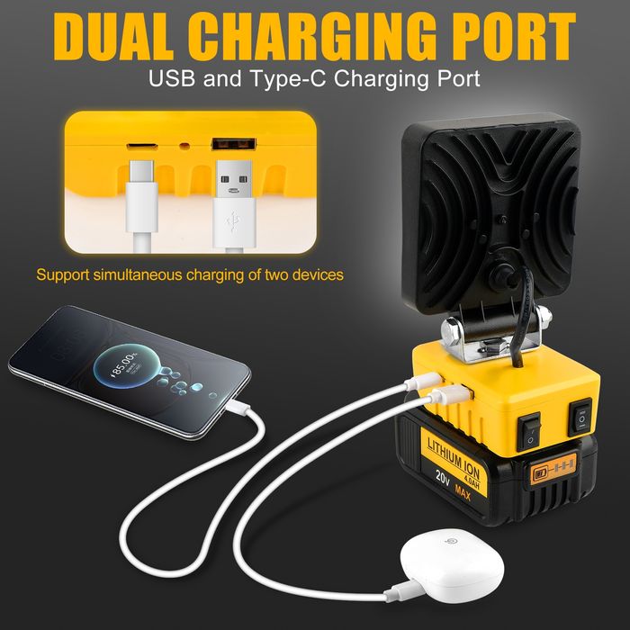 Фонарь прожектор 8 Вт под АКБ DeWalt 18В+ USB