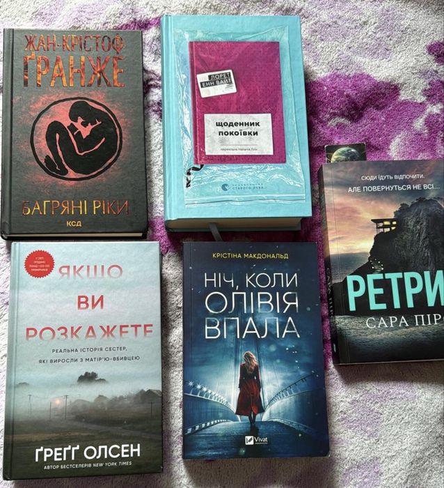 «Багряні ріки» , «Щоденник покоївки» , «Якщо ви розкажете», «Ніч, коли Олівія впала», «Ретрит»