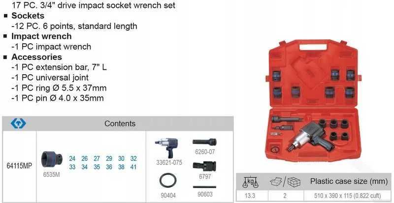 Zestaw 17cz. Klucz Udarowy Pneumatyczny 3/4'' 1085Nm nowe