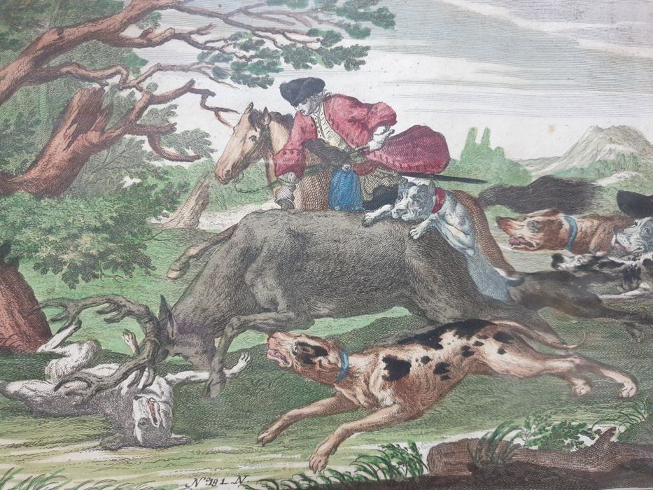 Antiga serigrafia com motivo de caça emoldurada