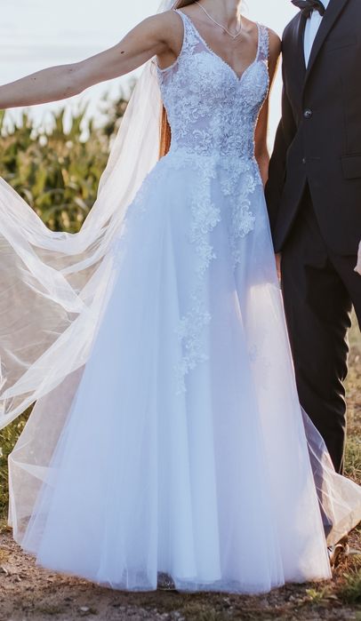 Suknia ślubna Muriel biała koronka diamenciki brokat ramiączka