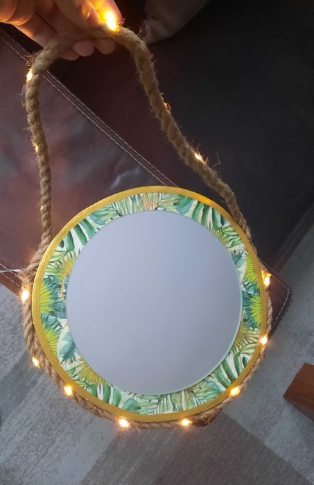 Lustro handmade, złoto, liście, światełka