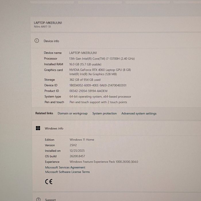 Acer Nitro 17 AN17-51 i7-13700H, RTX 4060, 1 TB SSD NVMe, 16 RAM стан нового