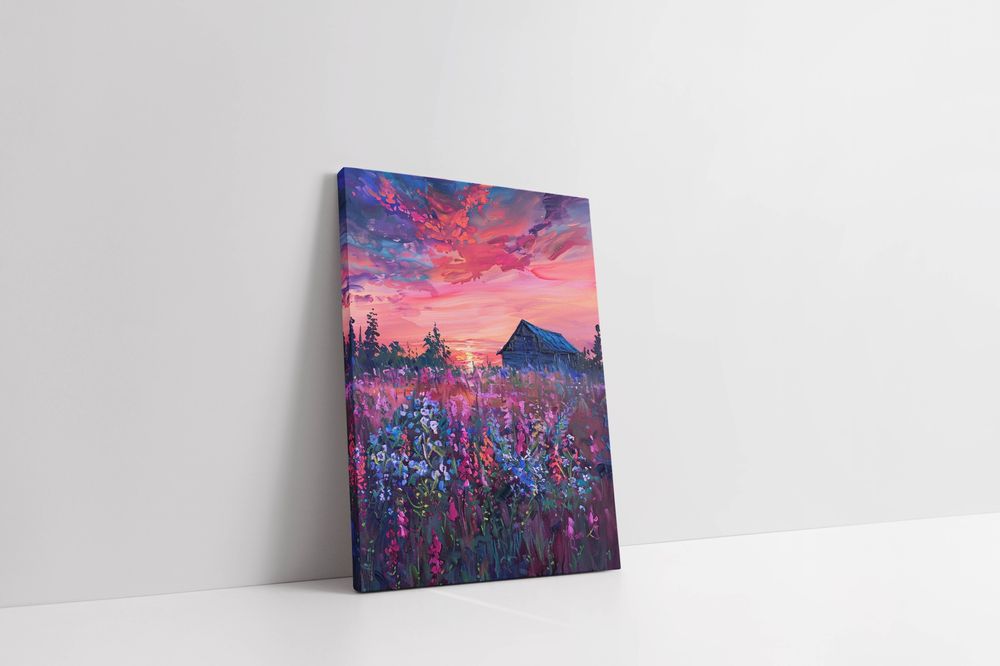 Obraz na płótnie "Zachód Słońca nad Kwiatowym Krajobrazem" 90x120 cm