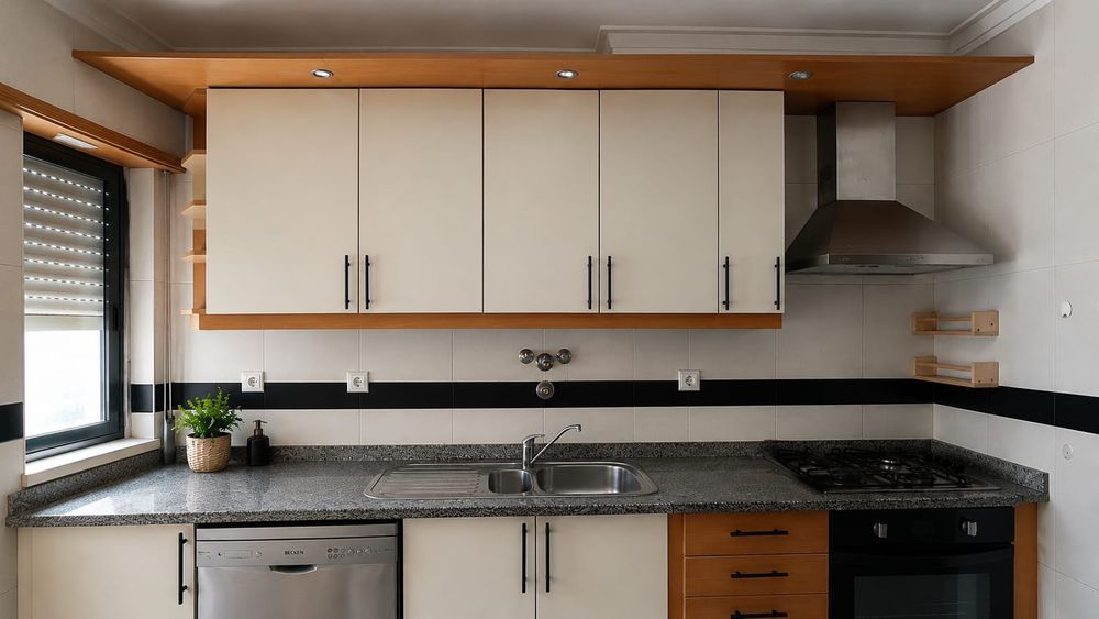 Cozinha completa em bom estado com pedra mármore