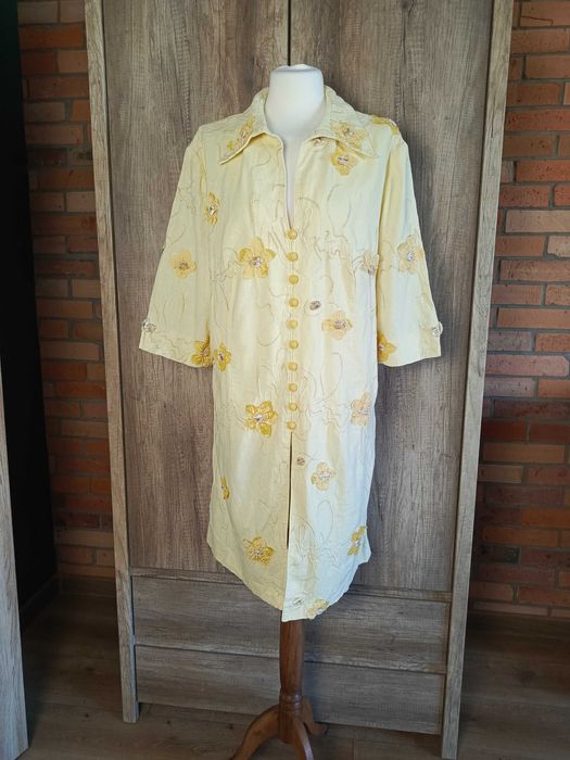 Żółta sukienka koszulowa haftowane kwiaty vintage len bawełna XXL 44