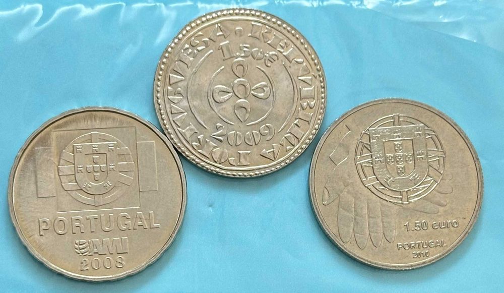 3 moedas de 1,5 EURO: 2008, 2009 e 2010 - não circuladas