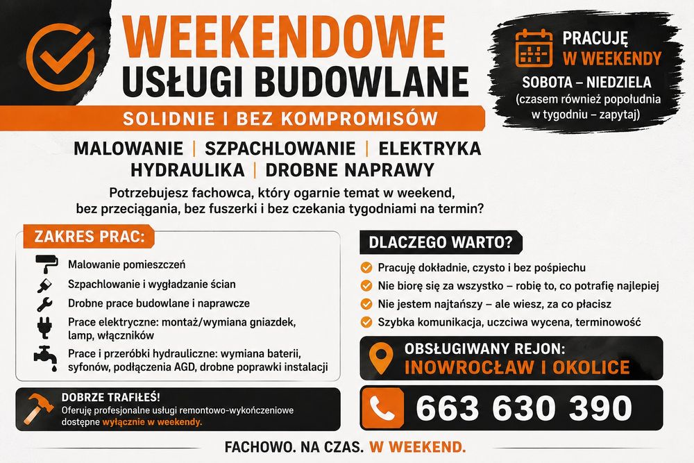 Usługi budowlane | Malowanie | Szpachlowanie | Elektryka | Hydraulika | Weekendy