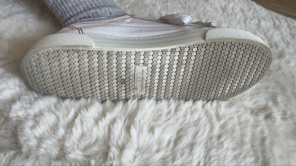 Miu Miu White Canvas Web Logo Red Stitch Lace Up Platform Sneakers