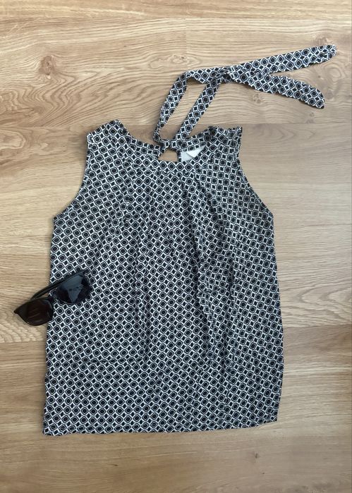 Modna bluzeczka wiazana na szyi, czarny wzór, xs,