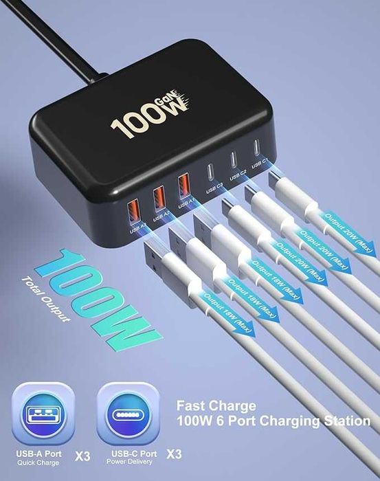 Ładowarka 100 W GaN, 6-portowy USB-C wieloma stacjami USB-A.USB-C 3.0