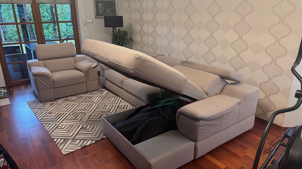 Wygodna sofa z szezlongiem, funkcją spania + FOTEL. Okazja!