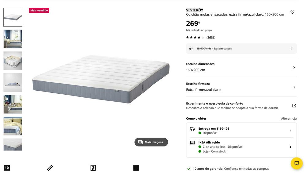 Colchão molas ensacadas extra firme/azul claro 160x200 cm VESTERÖY