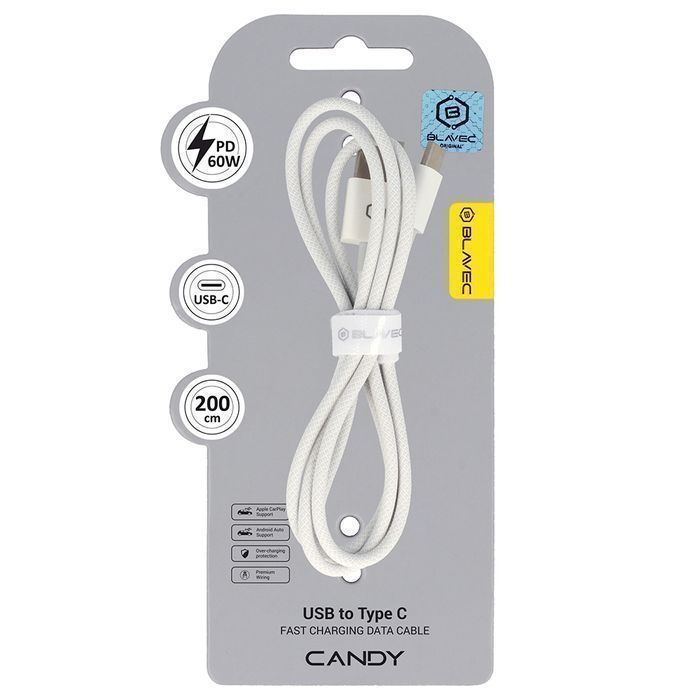 Kabel USB Typ C PD 60W 3A 2m Apple CarPlay/Android Auto biały