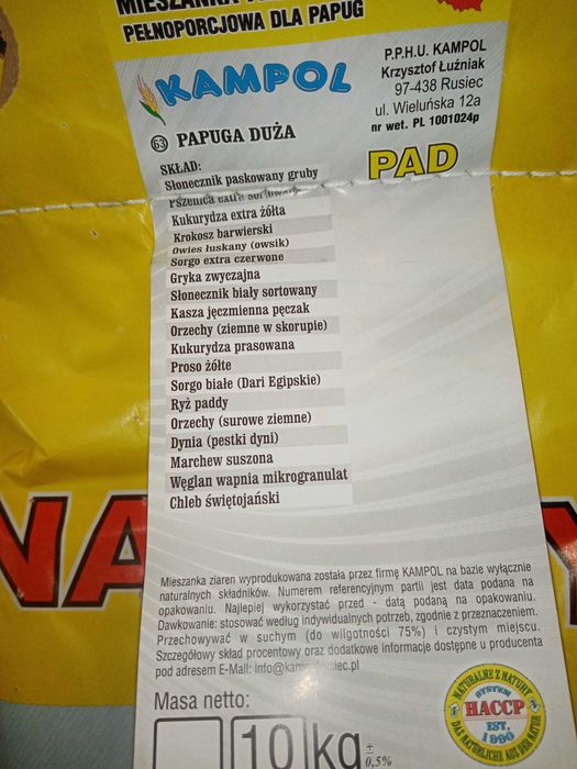 Karma dla Papug średnich + Papug Dużych20kg Kampol