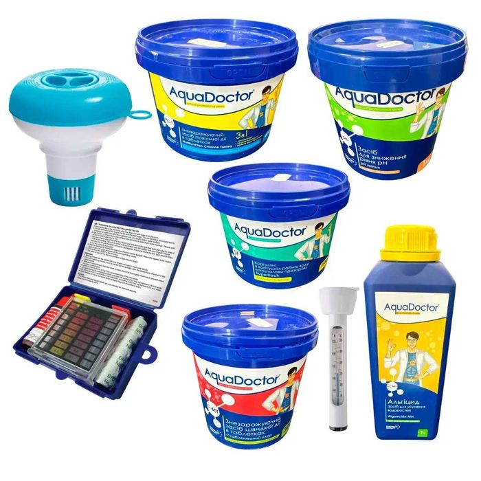 Стартовий набір засобів догляду за басейном 8в1 AquaDoctor Super Kit Optimal хімія 5в1 тестер поплавок термометр