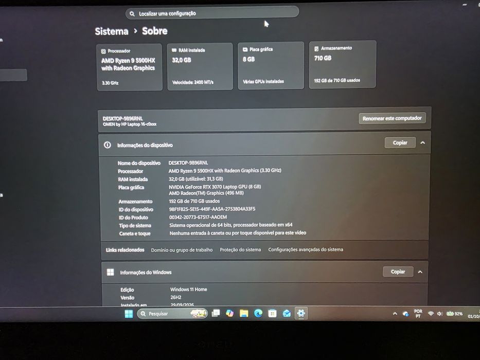 Portátil gaming HP Omen rtx 3070 8gb, ryzen 9 5900HX, 32gb ram, 750gb ssd