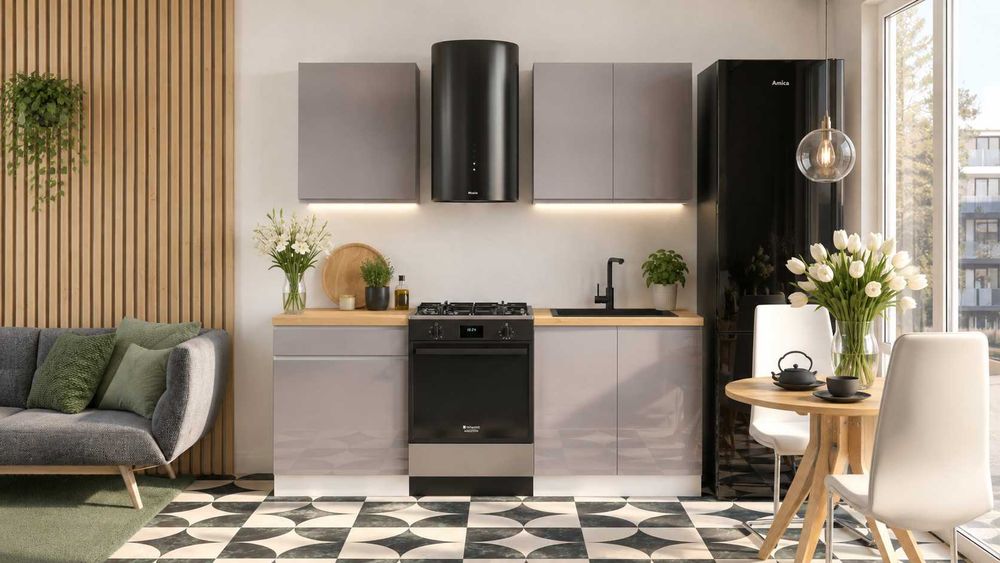 Nowoczesna kuchnia GLOSS GREY 1,4 m | Szary Połysk | Blat Dąb Artisan |
