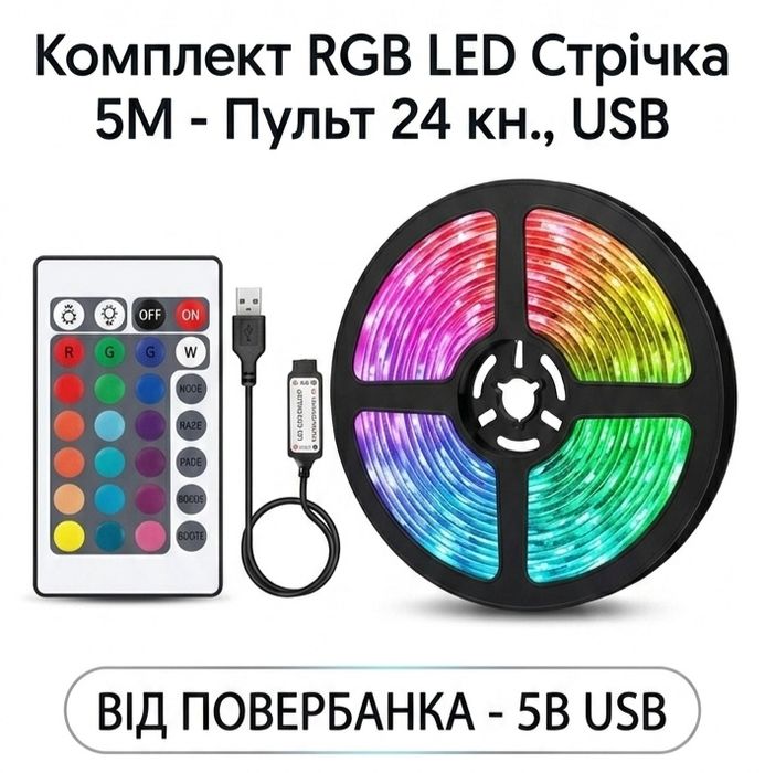 Світлодіодна LED стрічка RGB 5 метрів USB з пультом (24 кнопки)