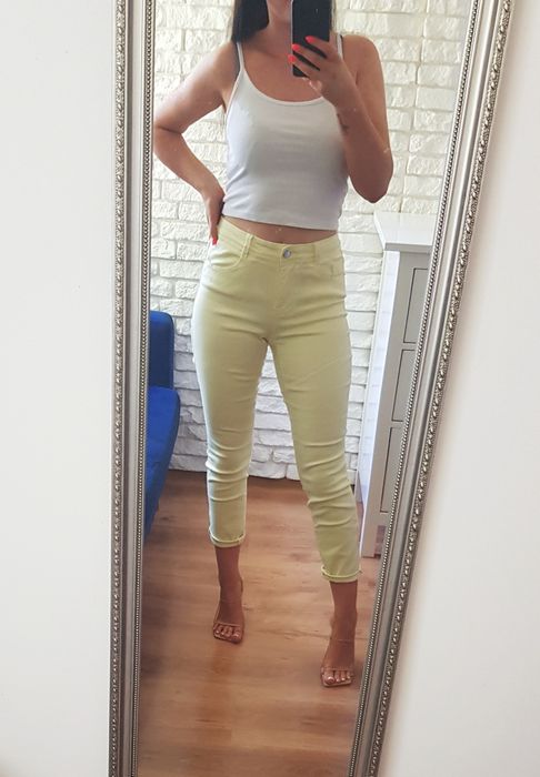 Spodnie rurki żółte cytrynowe obcisłe wysoki stan kieszenie M 38