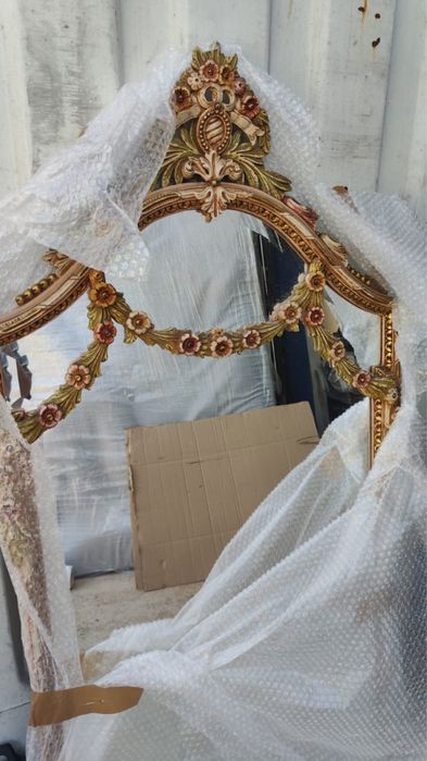 Conjunto Mesa e Espelho Antigos em Madeira e Mármore