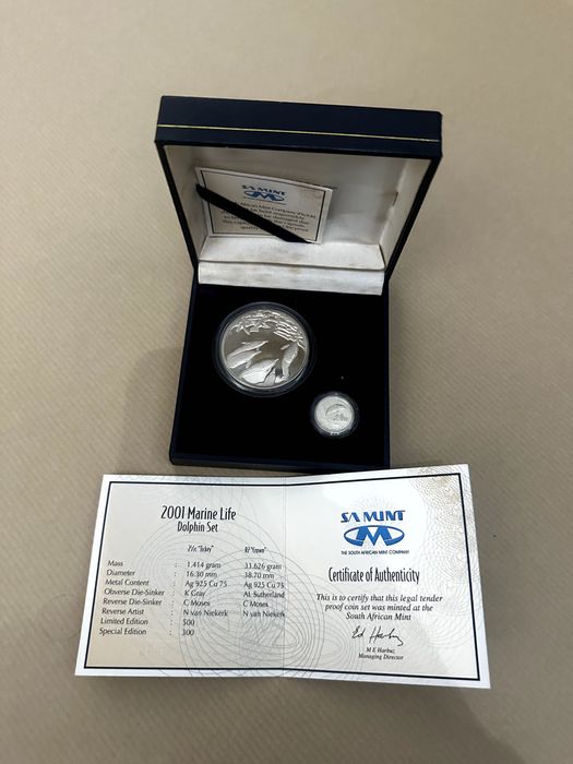 Set 2 moedas África do Sul 2001 'Marine Life - Dolphins' Prata Proof