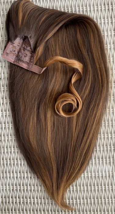 Premium Ultra włosy doczepiane, brąz z blondem, kucyk 80 cm 128.