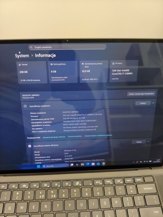 #5609 DELL Precision 5570 i7-12800H 32GB 512SSD RTX A2000 8GB 4K DOTYK TOTALNA A KLASA FV23 GW12
