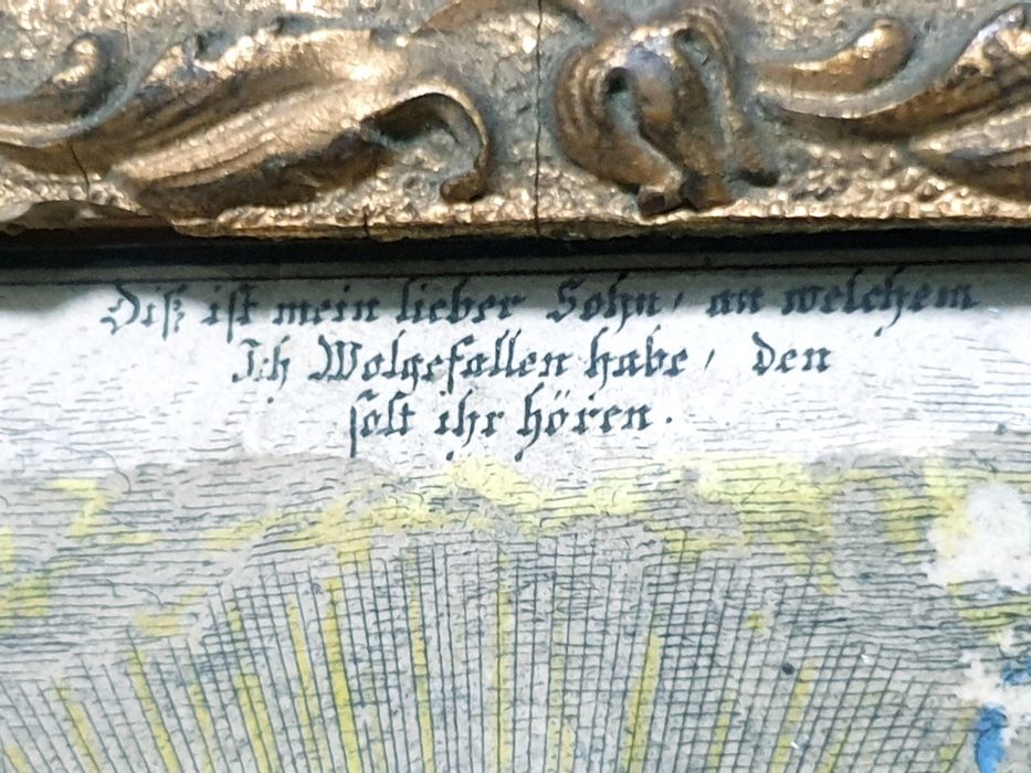 Antigo registo com gravura "Dies ist mein lieber Sohn an welchem ich..