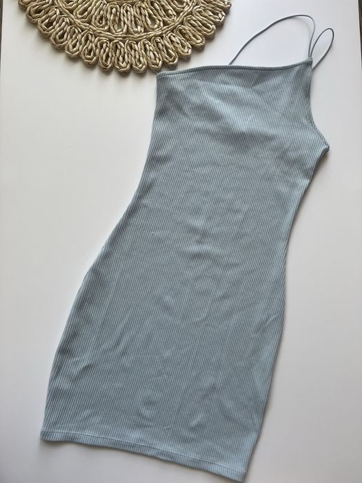 Dopasowana prążkowana sukienka jedno ramie niebieska H&M 34 XS
