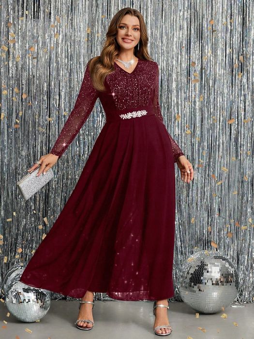 Shein bordowy elegancki kombinezon na wesele z cekinami i dekoltem v 44 1ma
