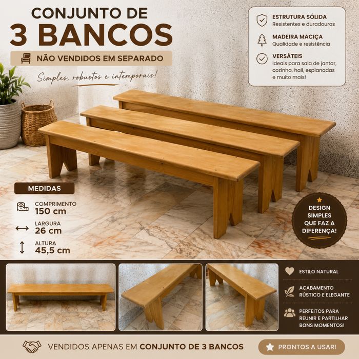 Conjunto de 3 Bancos em Madeira