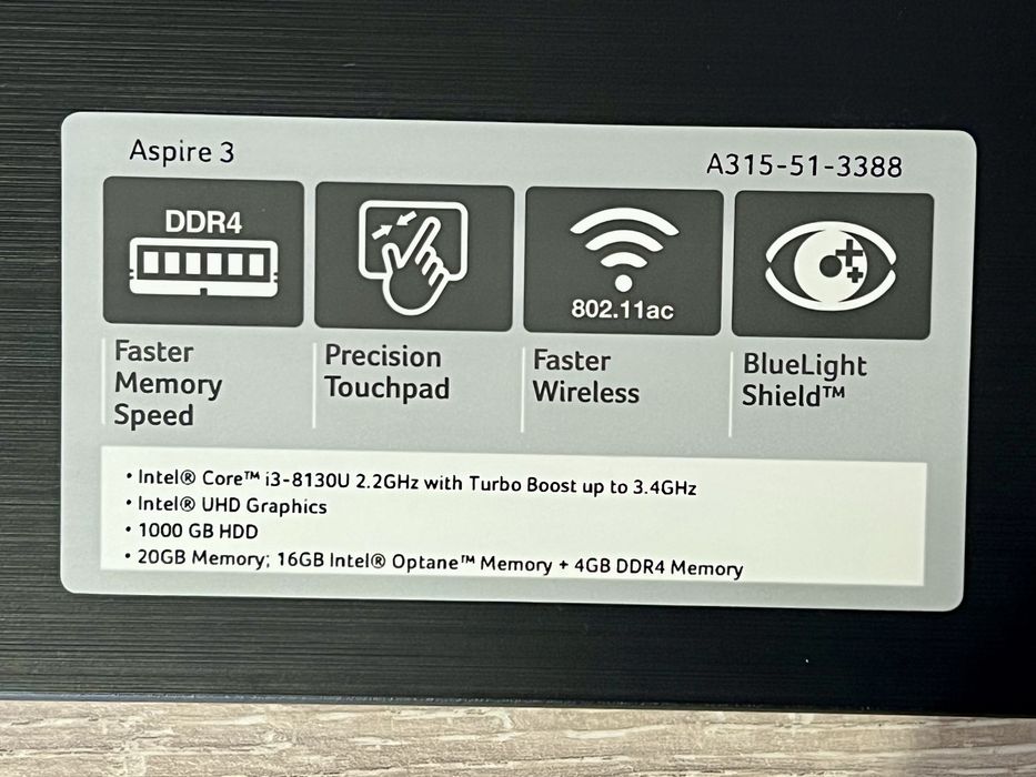 Laptop Acer A315-51_3388 i3-8130U - dysk 1TB  memory 16+4 GB win 10/11