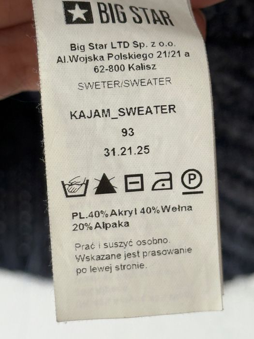Sweter Big Star granatowy wełna wełniany zimowy gruby alpaka