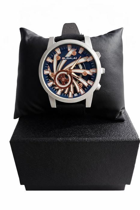 Zegarek okrągła srebrna koperta tarcza granat złoto pasek