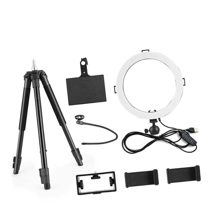 Duży zestaw Andoer lampa pierścieniowa 26 cm, statyw 145 cm i dodatki