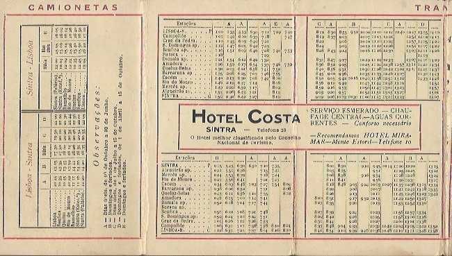 Horário de comboios, camionetas e Elétricos SINTRA-LISBOA - antigo 1947