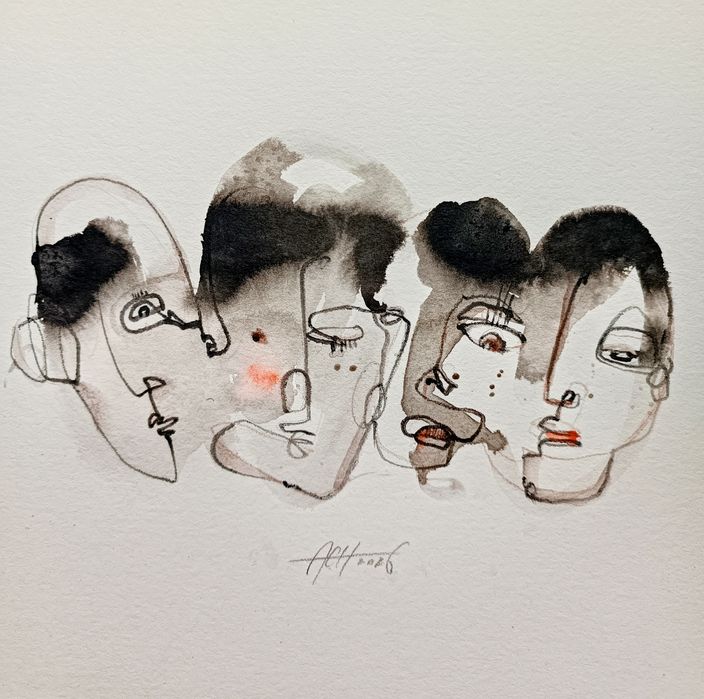 Four , 4 braci Mała forma rysunek portret szkic tuszem Chaber Art