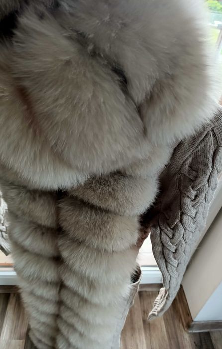 Nowy sweter beż długi lis naturalny futro